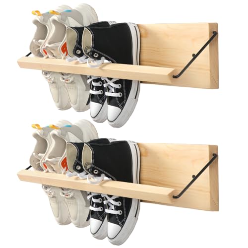 2 Pcs Wall Mounted Shoe Rack Organizer Wooden Modern Compact Wall Space Saving Shoe Holder Storage for Sneaker Footwear Slipper Boots Entryway Narrow Spaces Hallway(28.35'' Long)