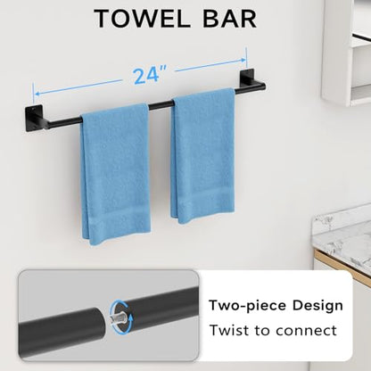 Black Bathroom Accessories Set, 4-Piece Bathroom Hardware Set | 24 inch Towel Bar, Towel Racks for Bathroom, Robe Towel Hooks, Toilet Paper Holder Wall Mounted