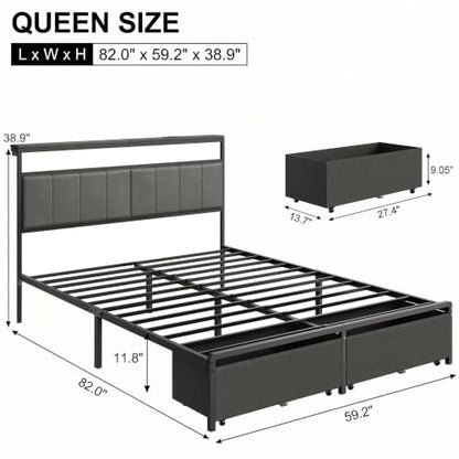 Queen Bed Frame with 2 Storage Drawers, Grey Upholstered