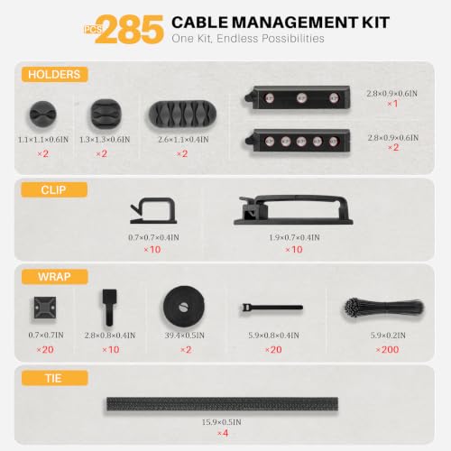 285 PCS Cable Management Kit - 4 Cable Sleeve Split, 50 Adhesive Cable Clips, 9 Cable Holder, 2 Roll Cable Organizer Straps, 200 Cable Zip Ties with 20 Mounts, for Computer TV Under Desk - Black