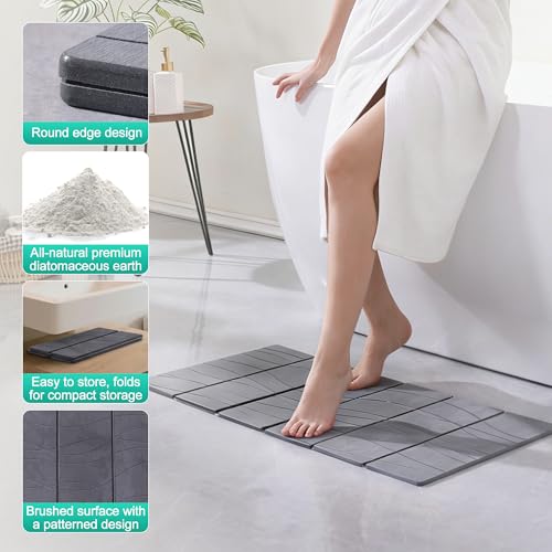 JOYMOOP Foldable Stone Bath Mat, 23.62” x 15.35” Non Slip Bath Mats, Super Absorbent Diatomaceous Earth Mats, Compact and Easy to Store Bath Mats for Bathroom, Dark Grey