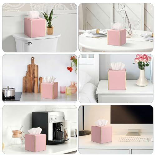 Sumnacon PU Square Tissue Box Cover, Magnetic Bottom, Waterproof, Pink | Stylish Cube Tissue Box Holder with Gold Edging Fits Vanity, Toilet Tank, Dresser, Nightstand, Table, Countertop, Office, Car