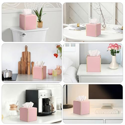Sumnacon PU Square Tissue Box Cover, Magnetic Bottom, Waterproof, Pink | Stylish Cube Tissue Box Holder with Gold Edging Fits Vanity, Toilet Tank, Dresser, Nightstand, Table, Countertop, Office, Car