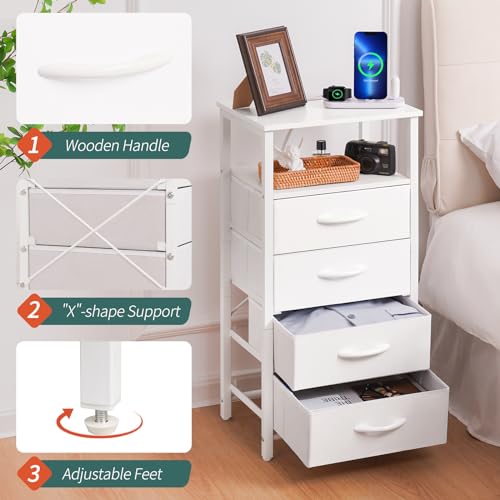 Yoobure Night Stand - LED White Nightstand with Charging Station for Dorm | Bedside Table with 4 Storage Drawers and Storage Shelf, End Table with USB Ports and Outlets, Tall Nightstand for Bedroom