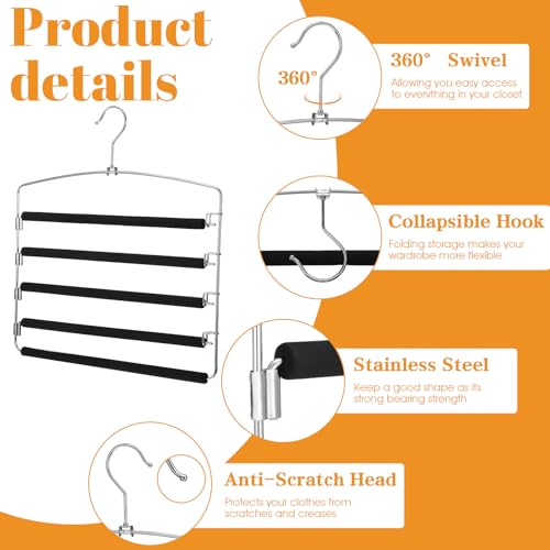 2 Pack 5 Tier Pants Hanger, Multi-Tier Pants Hangers Space Saving, 5-Layer Swing Arm Pant Hanger, Stainless Steel Closet Organizer for Jeans Trousers, Non-Slip Pant Rack for Wardrobe Storage
