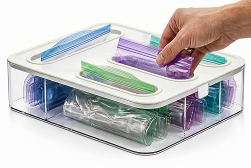 HIMUS Food Storage Bag Organizer - 4 in 1 Plastic Baggie Organizer for Drawer | Compatible with Sandwich, Snack, Gallon, Quart & Slider | Plastic Bag Organizers Kitchen Storage| Wall & Drawer Mount