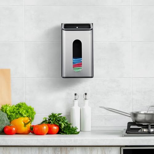 Sumnacon Grocery Bag Dispenser Wall Mount Stainless Steel Bag Dispenser for Plastic Bags Sturdy Grocery Bag Holder with Screws Adhesives Decorative Plastic Bag Holder for Kitchen Pantry Cabinet