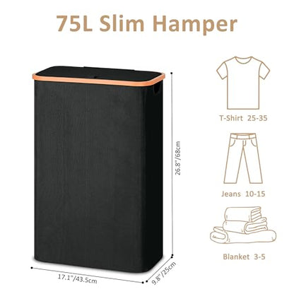 Slim Laundry Basket with Lid, Narrow Dirty Clothes Hampers for Laundry with Handle, Skinny Laundry Bin for Laundry Room, Dorm, Bedroom and Bathroom, 19.8 Gallon (75L) Black
