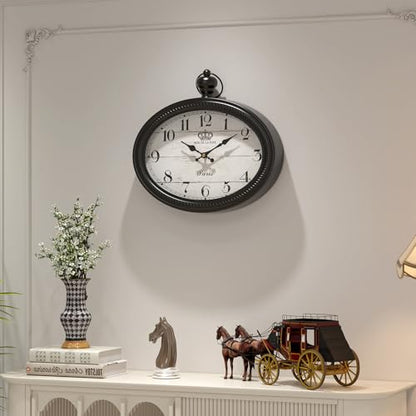 Retro Oval Wall Clock. Black Vintage Antique Style | Battery Operated Decor Wall Clocks for Farmhouse, Living Room,Kitchen,Bedroom,Bathroom (10.5" H x 11.3" W)