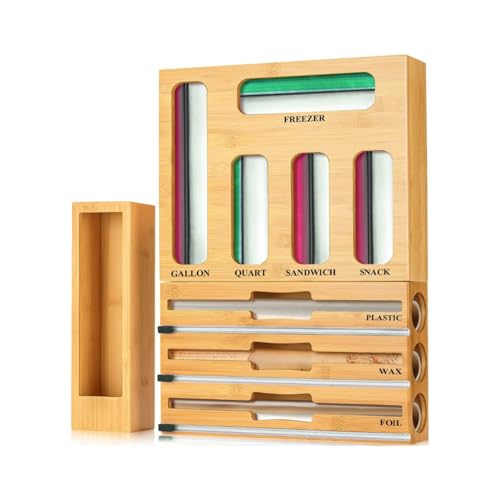 KALUHA Bamboo Food Storage Bag Organizer 9-in-1 | Gallon Quart Sandwich Snack Bag Holder for Kitchen Drawer | Aluminum Foil Plastic Wrap Wax Paper Dispenser | Kitchen Cabinet Storage Organization