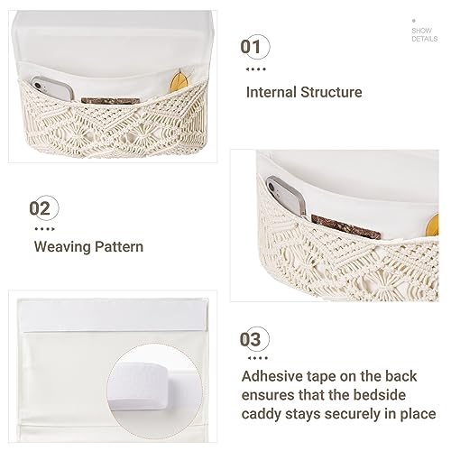 Mkono Macrame Bedside Caddy, Boho Bed Storage Organizer, 4 Pockets Ivory | Dorm Room Bed Caddy, Home Decor, Remote Control Magazine Glasses, Bedroom Living Room, Non-Slip, Space Saving Holder
