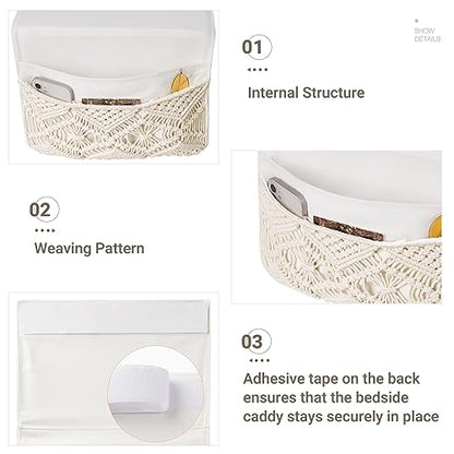 Mkono Macrame Bedside Caddy, Boho Bed Storage Organizer, 4 Pockets Ivory | Dorm Room Bed Caddy, Home Decor, Remote Control Magazine Glasses, Bedroom Living Room, Non-Slip, Space Saving Holder