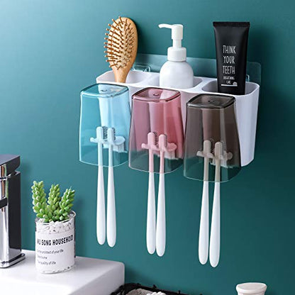 Toothbrush Holder for Bathroom, Eco-Friendly Mighty Large Capacity Toothbrush Holder Wall Mounted with 3 Square Cups for Family or Dormitory (Square Cup)