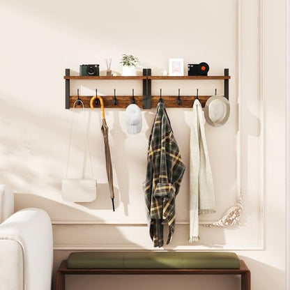 YMYNY Coat Rack Wall Mount with Shelf and Hooks, Rustic Brown UHWS001H-2 | 2 Pack Wooden Wall Mounted Coat Hanger with Shelf and 8 Double Hooks, Wall Coat Rack for Entryway Hallway Bedroom Bathroom