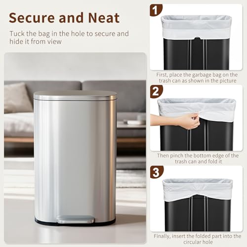 PayLessHere | 13G Trash Can with Lid | Steel | Removable Inner Bucket | Made of Stainless Steel | Soft-Close Step Pedal | Hands-Free Use | Easy to Clean | for Kitchen, Office, Bathroom
