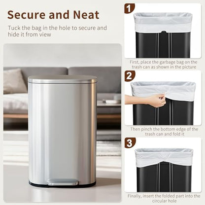 PayLessHere | 13G Trash Can with Lid | Steel | Removable Inner Bucket | Made of Stainless Steel | Soft-Close Step Pedal | Hands-Free Use | Easy to Clean | for Kitchen, Office, Bathroom