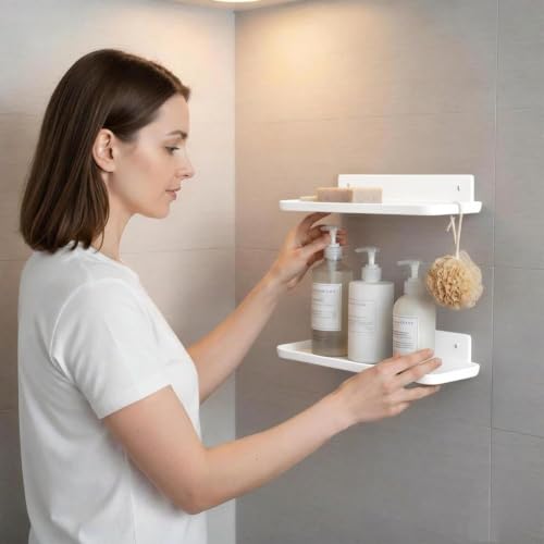 FAYYGYH Adhesive Floating Shelves, No Drill Floating Shelf for Wall Storage | Damage-Free Wall Mounted Organizer for Bathroom, Kitchen, Bedroom & Office (White, 4 PCS)