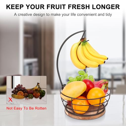 Countertop Fruit Basket Bowl with Banana Hanger, Modern Standing Fruit Vegetable Bowl Storage, with Banana Tree Holder for Kitchen Dinning Table (Round Wood, Black)