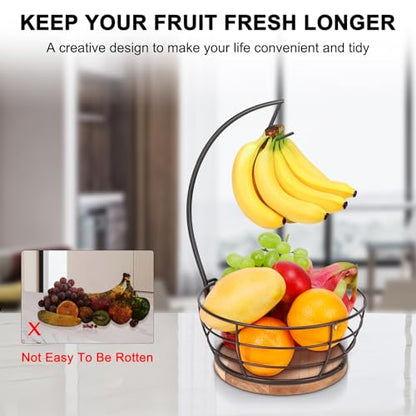 Countertop Fruit Basket Bowl with Banana Hanger, Modern Standing Fruit Vegetable Bowl Storage, with Banana Tree Holder for Kitchen Dinning Table (Round Wood, Black)