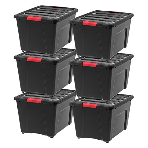 IRIS USA 6-Pack 54 Quart Storage Bins with Lids, Black | Black finish conceals stored items. Perfect for moving, blankets, clothing, and garage storage. Nestable design saves space