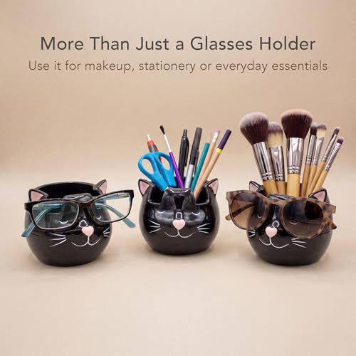 Cat Glasses Holder Stand and Vase - Black Cat Ceramic Sunglasses and Eyeglasses Stand Cat Lady Gift Display and Decor Organizer for Desk Accessories and Stationery Items