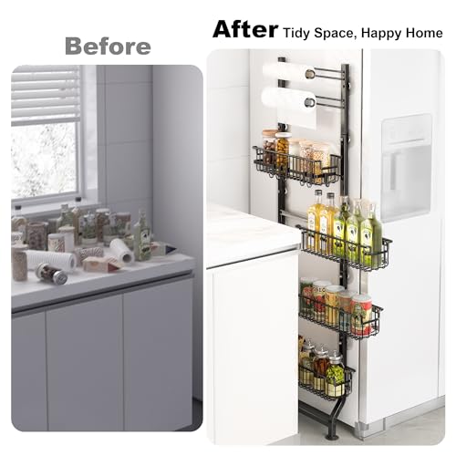 BUKFEN 6-Tier Slim Corner Shelf, Spice Rack Narrow Storage Next to Fridge | Bidirectional Pull-Out Baskets, Bent Base Stability, 6 Hooks, Space-Saving Slim Design for Kitchen, Bathroom, Laundry Room