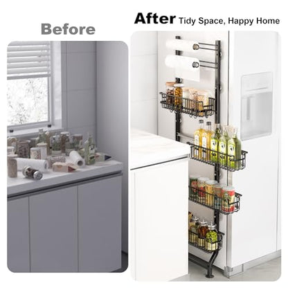 BUKFEN 6-Tier Slim Corner Shelf, Spice Rack Narrow Storage Next to Fridge | Bidirectional Pull-Out Baskets, Bent Base Stability, 6 Hooks, Space-Saving Slim Design for Kitchen, Bathroom, Laundry Room