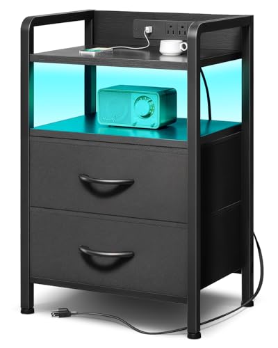 Nightstand with Rear Charging Station, LED Light,...