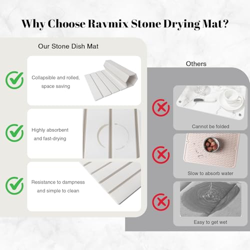 3PCS Set Large Stone Drying Mat for Kitchen Counter Foldable Collapsible Fast Drying Stone Dish Mat Water Absorbing Natural Diatomaceous Earth Bath Mat Quick Dry Stone Tray Bathroom Countertop, White