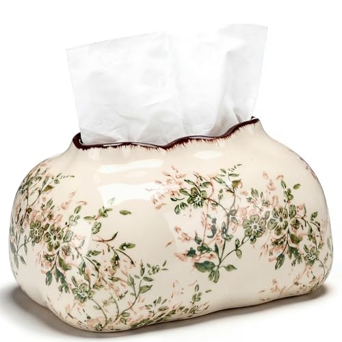 Yalikop Vintage Ceramic Tissue Holder Tissue Box Cover,Blossoms | Floral Retro Rustic Farmhouse Home Decor for Bathroom Vanity Table Living Room Bedroom Kitchen Office