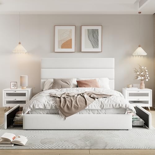 Allewie Modern Queen Size Platform Bed Frame with 4 Storage Drawers | Velvet Upholstered Headboard, Wooden Slats Support, Upholstered Mattress Foundation/No Box Spring Needed/Easy Assembly, White