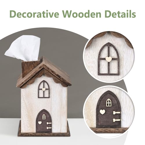 Ikee Design Farmhouse Wooden Square Tissue Box Cover, Brown Color | FARMHOUSE TISSUE COVER: House-shaped wooden holder for bathrooms, bedrooms, and living rooms; 5.8"W x 5.8"D x 8.2"H.