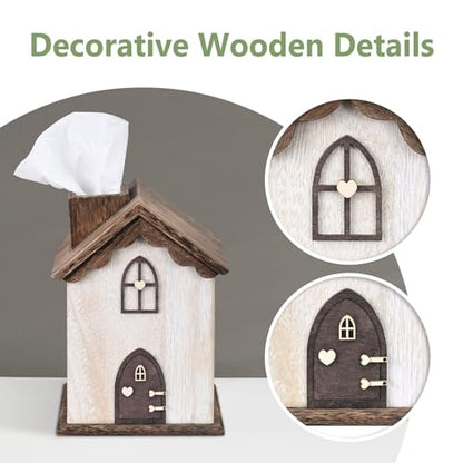 Ikee Design Farmhouse Wooden Square Tissue Box Cover, Brown Color | FARMHOUSE TISSUE COVER: House-shaped wooden holder for bathrooms, bedrooms, and living rooms; 5.8"W x 5.8"D x 8.2"H.