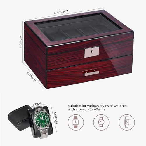 ANWBROAD Watch Box 20-Slot Wooden Watch Case Organizer with Large Glass Lid | 2-Layer Watch Display Case for Men with Removable Watch Pillows, Lockable Watch Storage Box with Piano Paint UJWB002Y