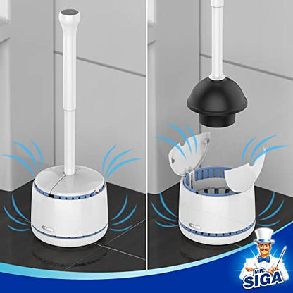 MR.SIGA Toilet Plunger with Holder, Plungers for Bathroom Heavy Duty, White | Automatic lid design, sturdy long handle, heavy duty toilet plunger and holder set, toilet clog remover