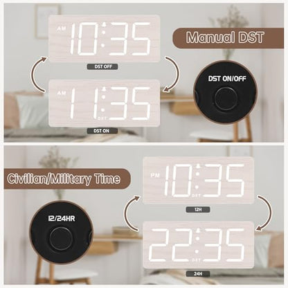 DreamSky Wooden Digital Alarm Clock for Bedroom with Large Numbers | Desk Clock for Living Room Office, Loud Alarm for Heavy Sleepers Adults, Volume Control, Dimmer, DST, Wood Decor (Plug-in)
