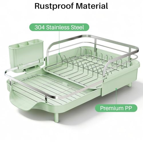 SNTD Expandable Dish Drying Rack for Kitchen Counter, 15.2-22.1 in, Green | Rust-Resistant Stainless Steel, Protective Side Rails, Self-Draining Drainboard, Removable Utensil Holder