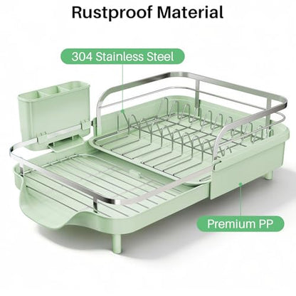 SNTD Expandable Dish Drying Rack for Kitchen Counter, 15.2-22.1 in, Green | Rust-Resistant Stainless Steel, Protective Side Rails, Self-Draining Drainboard, Removable Utensil Holder