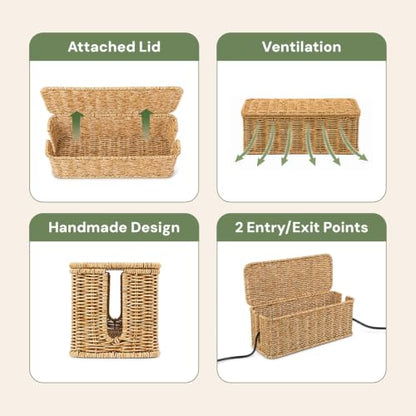 Cable Management Box, Handmade Rattan Cable Organizer with 2 Open Slots, Cord Hider for Power Strip, Router & USB Hub, Registered U.S. Design Patent (D1,112,102), 13" x 5.1" x 5.1", Natural