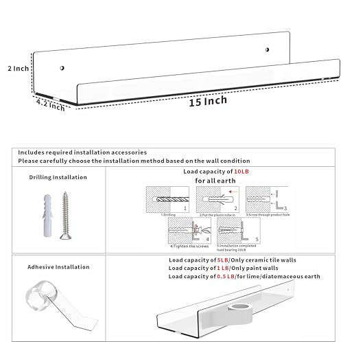 6 Pack Clear Acrylic Shelves for Wall with Adhesive,15 Inch No Drill Floating Shelves for Bathroom,Bedroom,Renter Friendly,Kids Room Bookshelf,Wall Display Shelf for Lego,Funko Pop,Figurine,Perfume