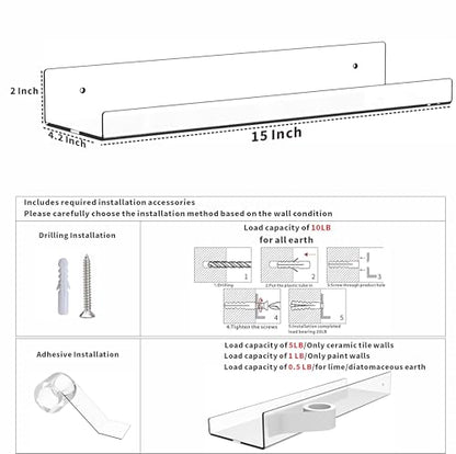 6 Pack Clear Acrylic Shelves for Wall with Adhesive,15 Inch No Drill Floating Shelves for Bathroom,Bedroom,Renter Friendly,Kids Room Bookshelf,Wall Display Shelf for Lego,Funko Pop,Figurine,Perfume