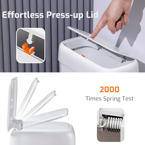 Small Bathroom Trash Can with Lid, 2.6 Gallon Garbage Can with Pop-Up Lid | Press Top Lid, Dog Proof, Slim for Small Space, Premium Plastic, Easy to Use Waste Basket for Room, Office, Toilet, Rv, White