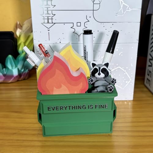 Funny Garbage Can Fire Pen Holder with 300 Sticky Notes – Cute Desk Organizer for Office, White Elephant Gag Gift for Coworkers, Men, Women – Unique Office Supplies & Decor