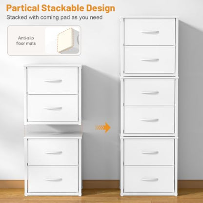 2-Pack Stackable Storage Drawers (4 Drawers Total), White Closet Organizer with Wooden Top & Metal Frame, Freestanding or Stackable Dresser for Bedroom, Living Room, Under Bed