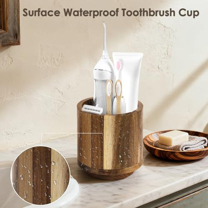 Toothbrush Holder for Bathrooms Toothpaste Organizer, Acacia Wood | Four Drainage Holes,Removable Divider,360° Rotating Base,Space-Saving,Farmhouse Style,for Bathroom Countertop,Shower,Vanity