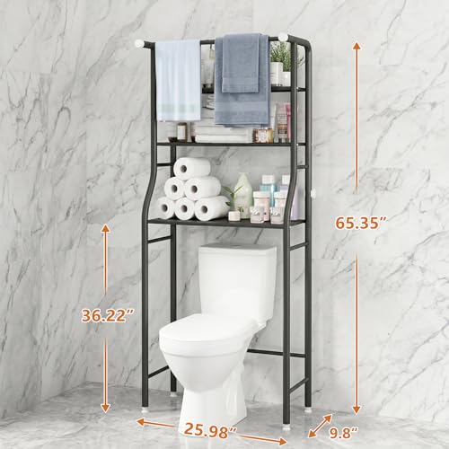 UDEAR 3-Tier Over The Toilet Rack,with Hanging Rod,Tower Shelf,Black | Toilet Towel Rack, Three-layer Iron Plate, Suitable for Bathrooms