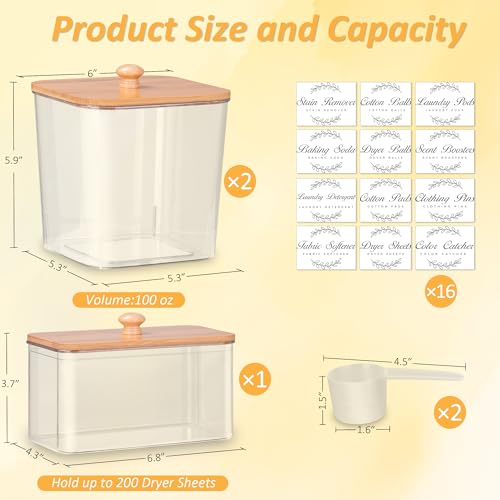 efluky 3 Pack Laundry Pods Container & Dryer Sheet Holder Set,Clear Laundry Room Organization Containers with Bamboo Lids and Labels,Laundry Pods Holder for Scent Booster,Powder,Pod