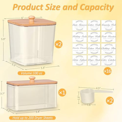 efluky 3 Pack Laundry Pods Container & Dryer Sheet Holder Set,Clear Laundry Room Organization Containers with Bamboo Lids and Labels,Laundry Pods Holder for Scent Booster,Powder,Pod