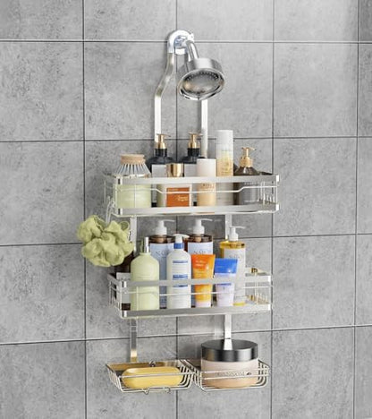 OMAIRA Shower Caddy Hanging with Soap Scrub Holder, Stainless Steel Adjustable No Drilling Non-Slip Large Capacity Sturdy Over Shower Head Shower Organizer Inside Shelves Bathroom Storage Rack, Silver