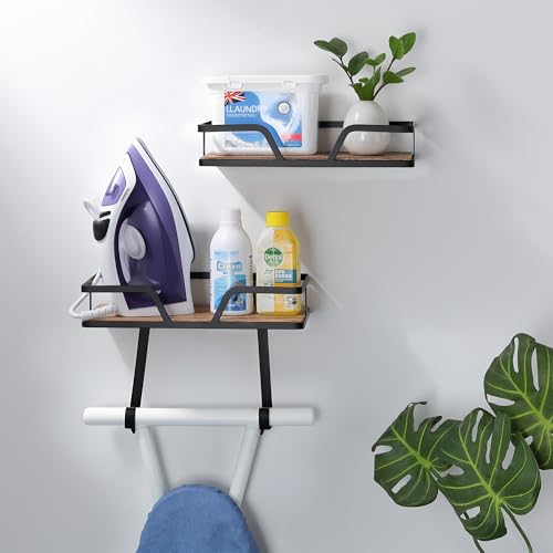 Ironing Board Holder Wall Mounted, 2-Layer Sturdy Iron and Ironing Board Hanger with Wood Shelf, Space Saving Laundry Room Organization for Iron, Board & Accessories